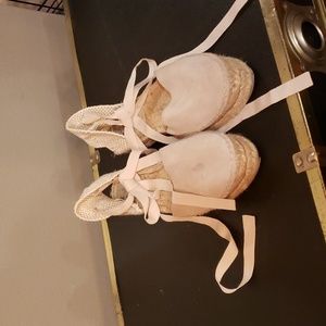 Manebi cream suede espadrille lace up ribbon